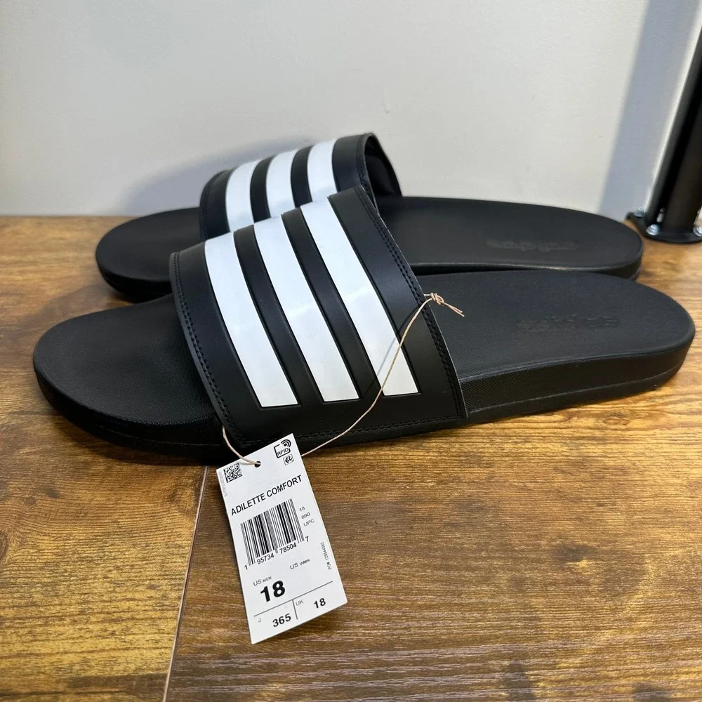 Adidas Adilette Comfort‎ Slides Mens 18 Black White Sandals GZ5891 3-Stripes NWT